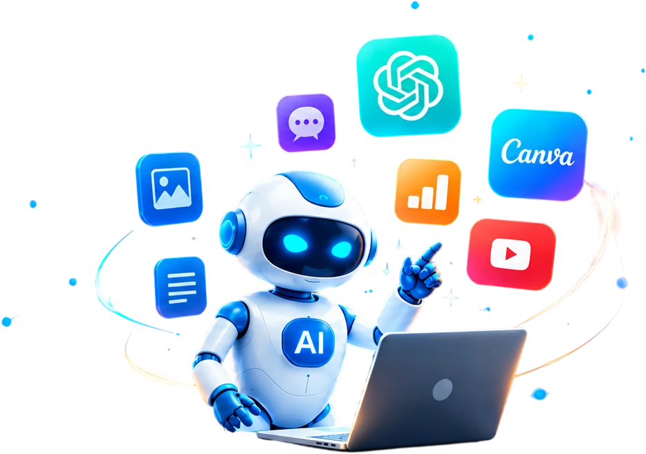 Friendly AI robot at a laptop surrounded by AI and design tool graphics