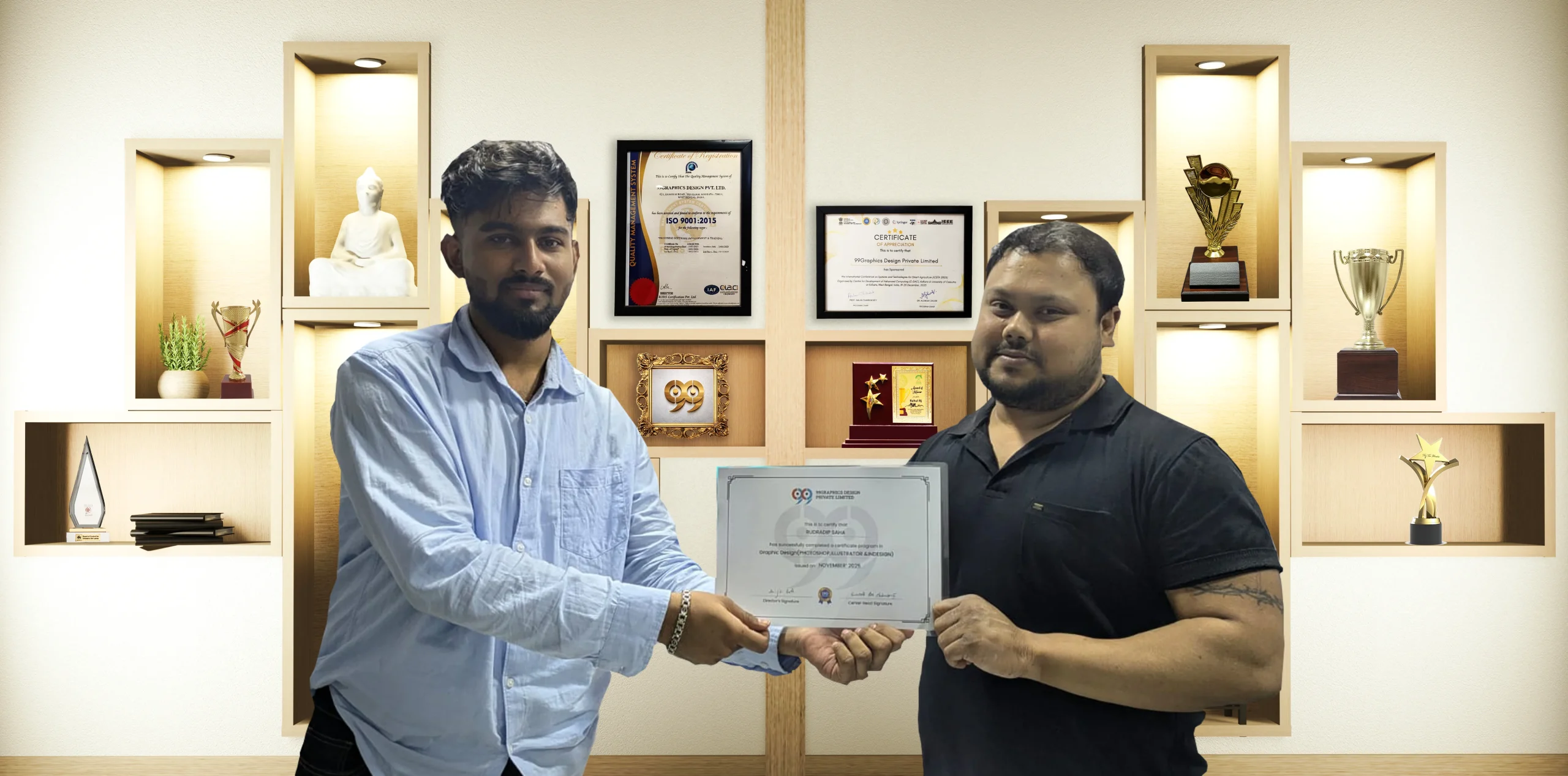Rudradip Saha receiving graphics design course completion certificate from 99EDU Institute in Kolkata
